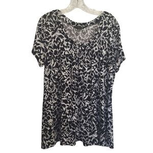 Susan Lawrence Womens Tunic Blouse Short Flutter Sleeve Black White Flowy 1X